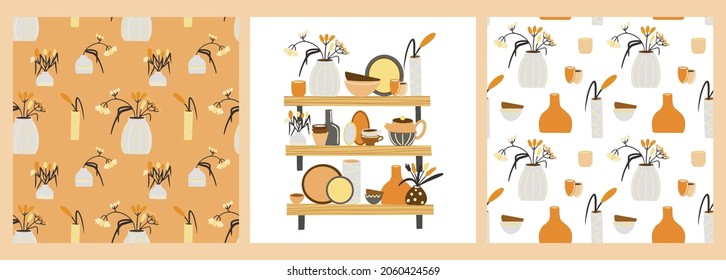 Patterns and a poster with ceramic dishes, bowls and vases with flowers in Boho style, home interior decor,ceramic kitchenware. Illustration for postcards, decor, banners, fabrics