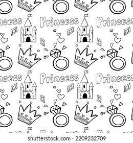 Patterns Princess illustrate. seamless pattern with black and white shoes Princess. with birds and flowers set princess hand drawn