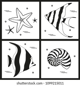 Patterns with sea cartoon creatures on white background