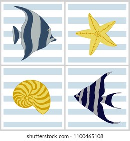 Patterns with sea cartoon creatures on blue and white striped background
