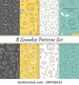 Patterns Sea Summer Hipster Hand Drawn Seamless Patterns Set. Vector 8 Seamless Colorful Pattern Backgrounds. Sketch Doodle Marine Templates.