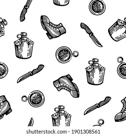 Patterns seamless of explore and adventure elements. Doodles design on white background.	
