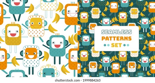 Patterns set with amazing lovely  lina art monkeys. Colorful funny style animals with banana fruit. Smiling happy square characters on white and dark. Seamless geometric design print.