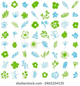 Patterns set with floral ornament. Seamless background graphic simple flowers blue and green. Hand drawing. Not AI. Vector illustration.