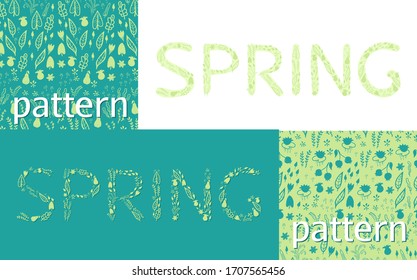 Patterns set with fresh spring leaves and flowers. Small fine decorative hand drawn elements in green tones. Summer time backdrop for textile or paper design. Word SPRING made from leaves.