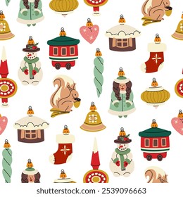 patterns of Soviet Christmas tree toys in the form of various objects, animals, people. Carriage, house, the snow maiden, the bell. Glass toys. Illustrations in vintage colors, bright new year items