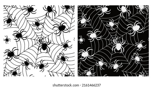 Patterns with spiders on the web. Seamless monochrome patterns