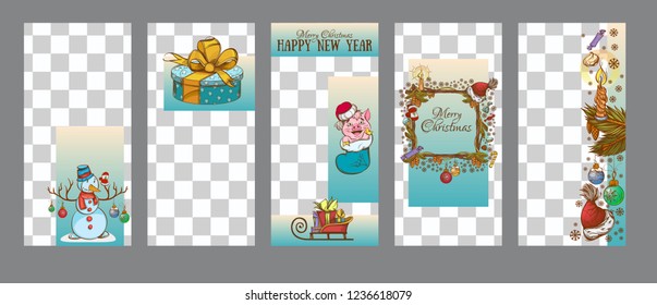 Patterns for stories in the Christmas style. Frame with an empty place for your information, decorated with New Year attributes, sweets and decorations. Vector image.