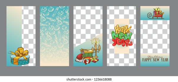 Patterns for stories in the Christmas style. Frame with an empty place for your information, decorated with New Year attributes, sweets and decorations. Vector image.