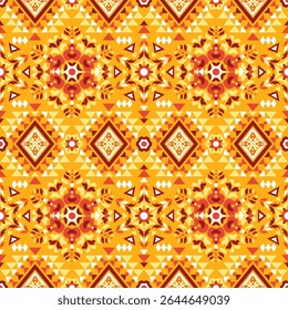 ﻿﻿Geometric patterns in the style of native art are expressed with sharp yellow and orange lines on a dark brown background. The symmetrical structure resembles a flower or star.