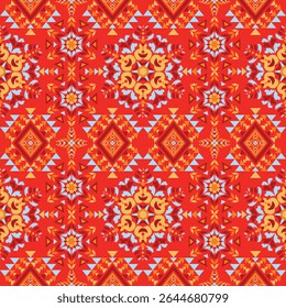 ﻿﻿Geometric patterns in the style of native art are expressed with sharp yellow and orange lines on a dark brown background. The symmetrical structure resembles a flower or star.