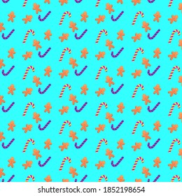 Patterns of sweets and gingerbread on a blue background.