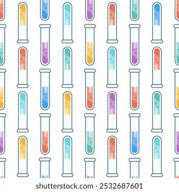 Patrones con tubos de ensayo con reactivos de color. Reacción química, concepto de química para el diseño