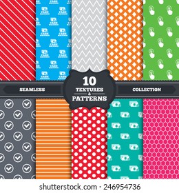 patterns and textures. ATM cash machine withdrawal icons. Click here, check PIN number, processing and cash withdrawal symbols. Endless backgrounds with circles, lines and geometric elements.