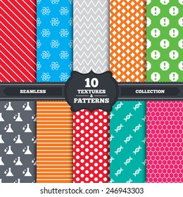 patterns and textures. Attention and DNA icons. Chemistry flask sign. Atom symbol. Endless backgrounds with circles, lines and geometric elements. Vector