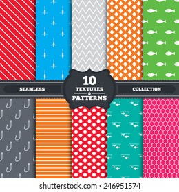 patterns and textures. Fishing icons. Fish with fishermen hook sign. Float bobber symbol. Endless backgrounds with circles, lines and geometric elements. Vector