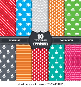 patterns and textures. Food and drink icons. Muffin cupcake symbol. Plate dish with fork and knife sign. Hot coffee cup and hamburger. Endless backgrounds with circles, lines. Vector