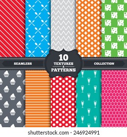 patterns and textures. Food icons. Muffin cupcake symbol. Fork and spoon sign. Glass of champagne or wine. Slice of cheese. Endless backgrounds with circles, lines and geometric elements.
