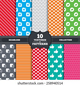 Patterns and textures. Hipster photo camera icon. Like and Chat speech bubble sign. Instagram concept. Bird symbol. Endless backgrounds with circles, lines and geometric elements. Vector
