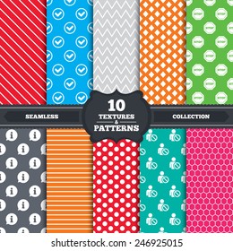 patterns and textures. Information icons. Stop prohibition and user blacklist signs. Approved check mark symbol. Endless backgrounds with circles, lines and geometric elements. Vector