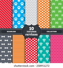 Patterns and textures. Pets icons. Dog paw sign. Winner laurel wreath and cup symbol. Pets food. Endless backgrounds with circles, lines and geometric elements. Vector