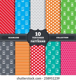 Patterns and textures. Phone icons. Smartphone video call sign. Search, online shopping symbols. Outgoing call. Endless backgrounds with circles, lines and geometric elements. Vector