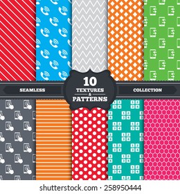 Patterns and textures. Phone icons. Touch screen smartphone sign. Call center support symbol. Cellphone keyboard symbol. Incoming and outgoing calls. Endless backgrounds with circles. Vector