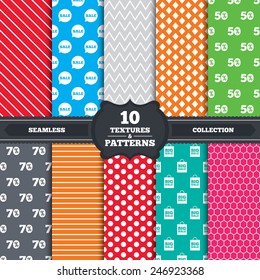 patterns and textures. Sale speech bubble icon. 50% and 70% percent discount symbols. Big sale shopping bag sign. Endless backgrounds with circles, lines and geometric elements. Vector