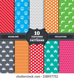 Patterns and textures. Security agency icons. Home shield protection symbols. Gun weapon sign. Group of people or Share. Endless backgrounds with circles, lines and geometric elements. Vector
