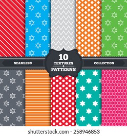 Patterns and textures. Star of David sign icons. Symbol of Israel. Endless backgrounds with circles, lines and geometric elements. Vector