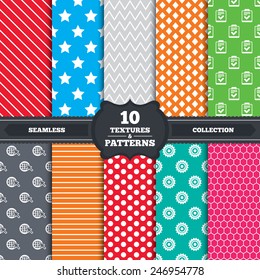 patterns and textures. Star favorite and globe with mouse cursor icons. Checklist and cogwheel gear sign symbols. Endless backgrounds with circles, lines and geometric elements. Vector