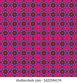 patterns that contain colorful squares that form symmetrical flower petals with black lines