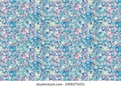 patterns in tiny wildflowers. Millefleurs in the country style. Background of a flowery meadow for textiles, wall coverings, pattern fills, surfaces, prints, and gift wrap