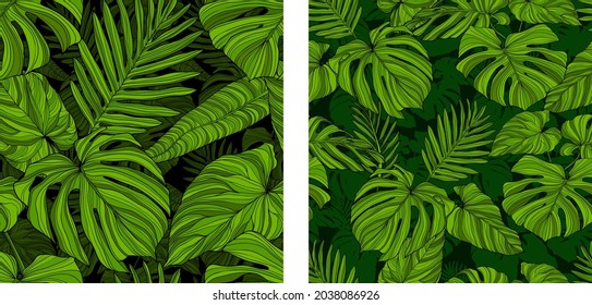 Patterns with tropical leaves. Vector hand
