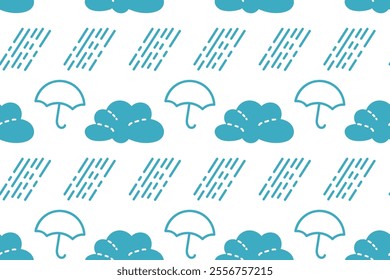 Patterns of umbrellas and clouds on a light background showcasing rainy weather