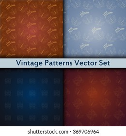 Patterns vector set of butterflies, leaves and flowers. Floral vintage seamless patterns set. Background vector set for decorative design. Textures of elements for decor in orange, brown, blue colors.