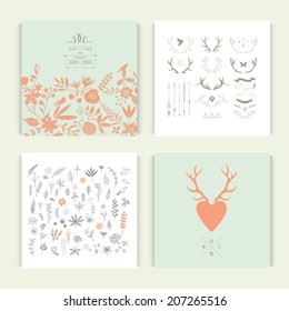 Patterns with vegetative elements and antlers. Set of four cards. Vector illustration.