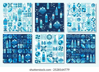 Patrones con iconos de agua, Elementos de diseño en estilo geométrico simple plano. Fondo sin fisuras con Formas abstractas. Para la marca, decoración del paquete de alimentos, diseño de la cubierta, impresiones textiles de la cocina