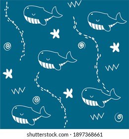Patterns with whales, starfish and ornaments in the sea. You can use it for backgrounds or images for children's books