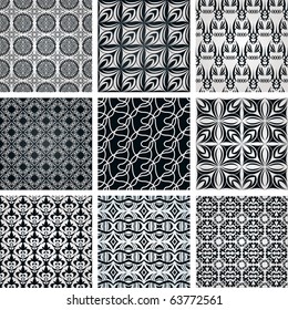 Patterns for your design. Set of nine seamless wallpapers. Easy to change.