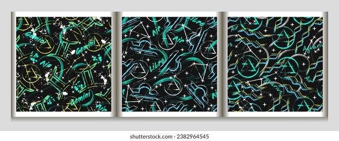 Patterns with zodiac sign Gemini, Libra, Aquarius, constellation, text, paint splatter, brush strokes, alchemical triangle symbol of air element Grunge style for sport goods, prints, surface design