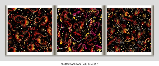 Patterns with zodiac sign Leo, Aries, Sagittarius, constellation, text, paint splatter, brush strokes, alchemical triangle symbol of fire element Grunge style for sport goods, prints, surface design