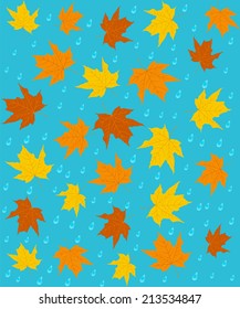 pattern,seamless of  autumn leaves and rain on a blue background, vector