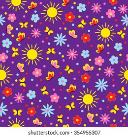 pattern,seamless with flower,butterfly and sun on lilac background,illustration,vector