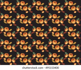 Pattern.Vector.Pumpkin composition with autumn leaves on a black background.