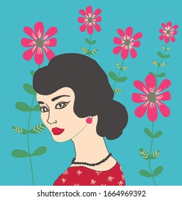 Pattern,young women wearing red shirts with pink flowers on a blue background