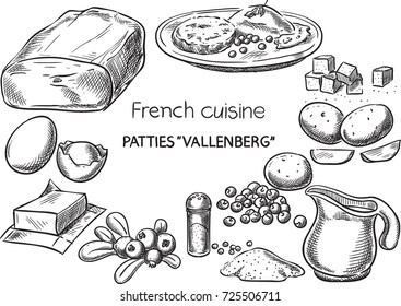 Patties  - Vallenberg. Creative conceptual vector. Sketch hand drawn french food recipe illustration, engraving, ink, line art, vector.