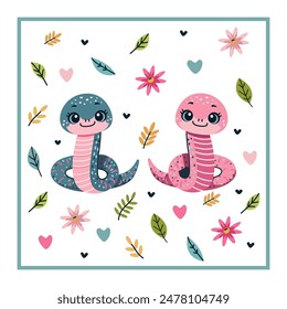 Pattren Cute Snake - vector illustration depicting a friendly snake with bright colours and a charming smiling facial expression