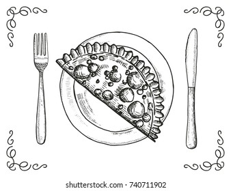 patty on plate with fork and knife vector sketch. vintage illustration isolated