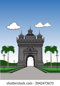 Patuxay is located in the center of Vientiane. With gray background, black border, green lawn with two palm trees. There are pillars and lanterns to light the night with clouds and blue skies.